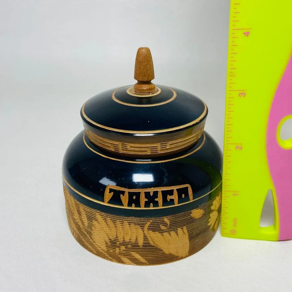 VTG Taxco Mexico Handmade Turned Black Floral Wood Lacquer Trinket Jewelry‎ Box